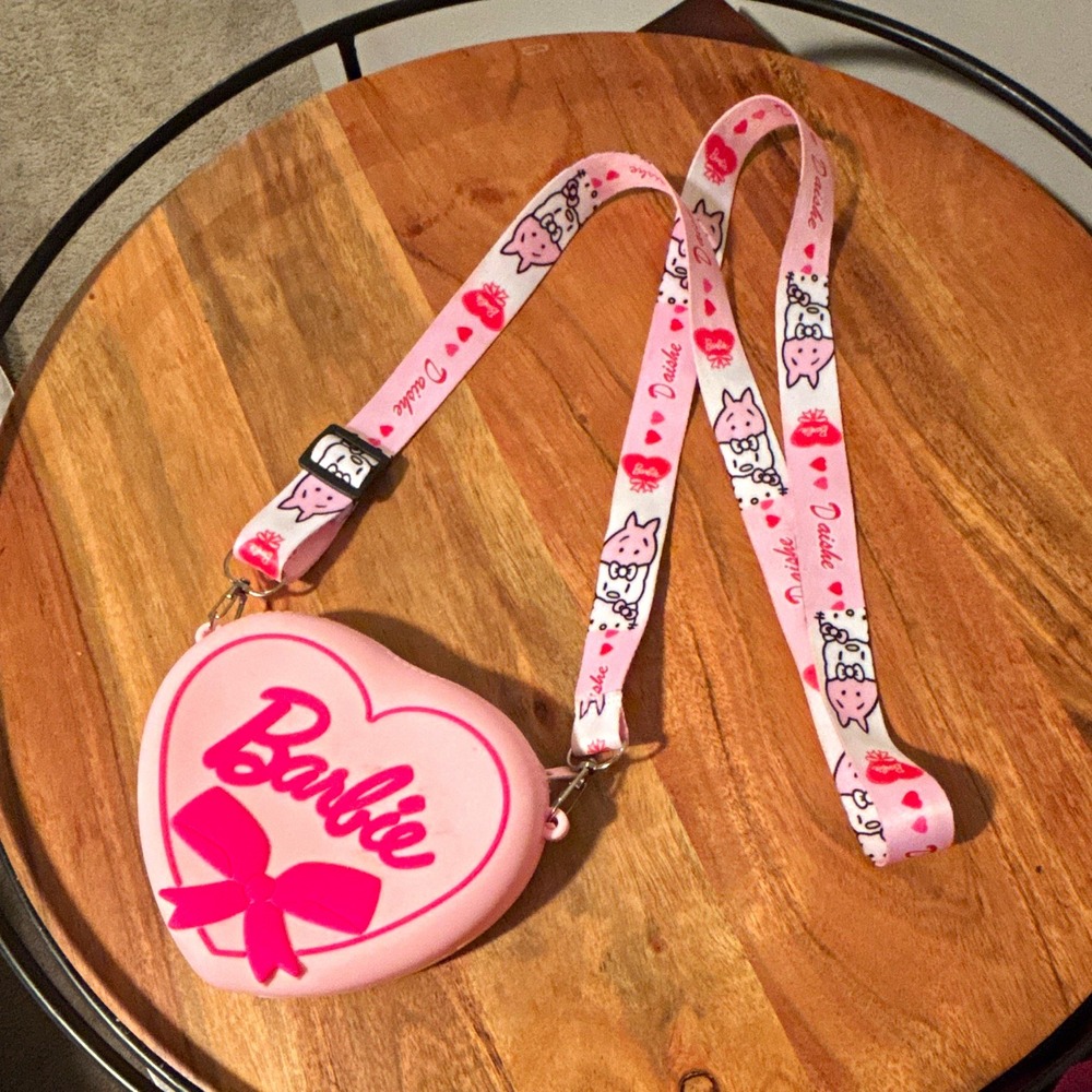 Barbie Pink Silicone Heart Coin Wallet w/ Lanyard, Bow Accent, Girls One Size